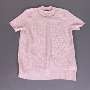 ELLE Sweater Women's XL Pink Short Sleeve Rhinestone Embellished Neckline Cotton